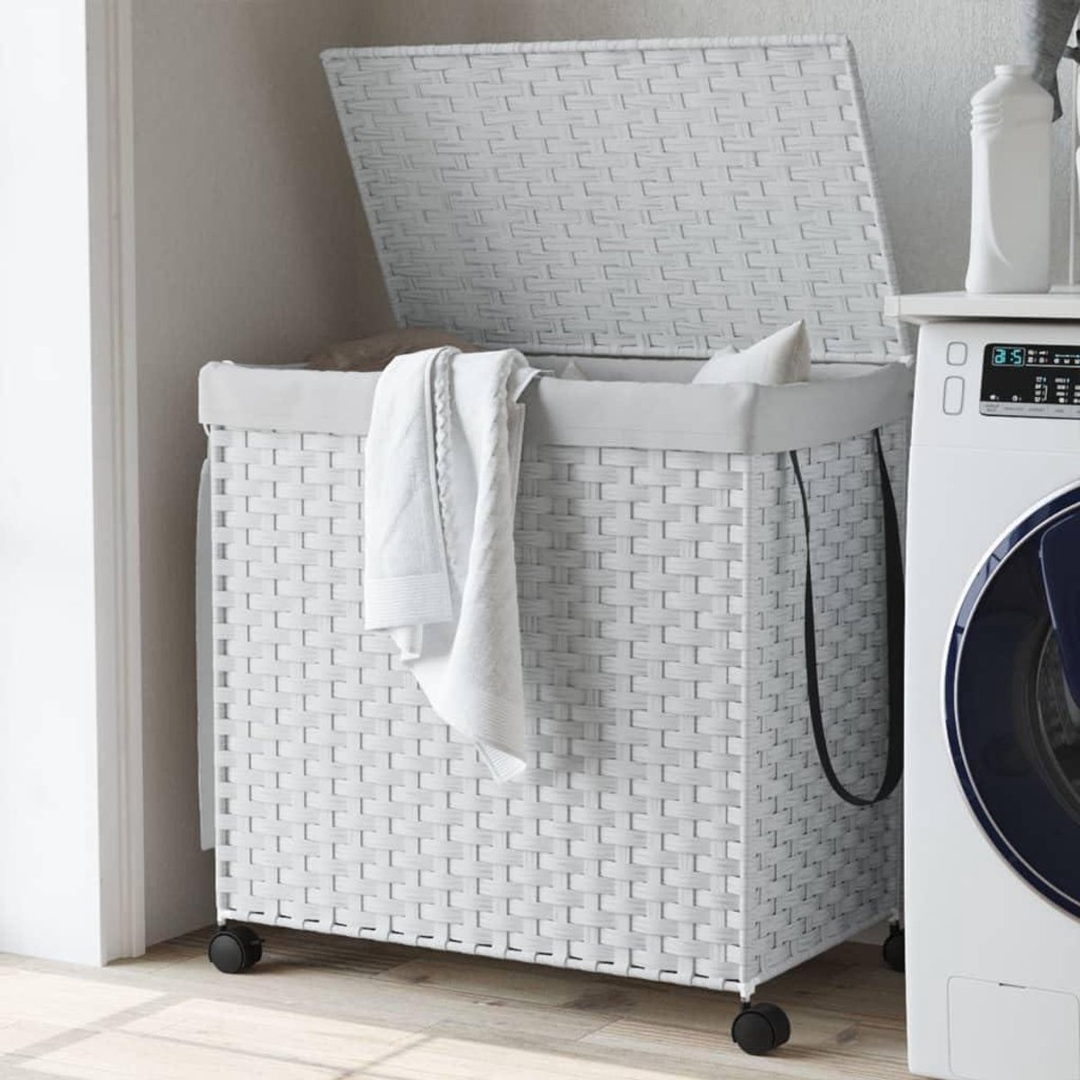 Wasmand met wieltjes Rotan mand Was sorteren Handgevlochten design 60 x 35 x 605 cm Wit