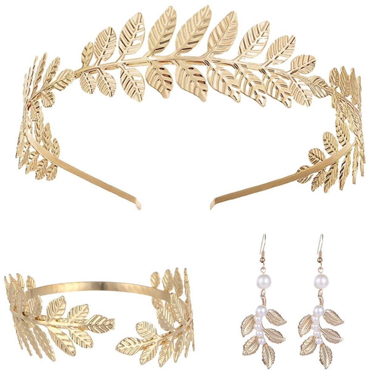 Dailygoods- Diadeem Godinnenkroon - Elegante Set - Gouden Oorbellen - Bladarmband - Draagcomfort - Europees Vakmanschap - Haarsieraad