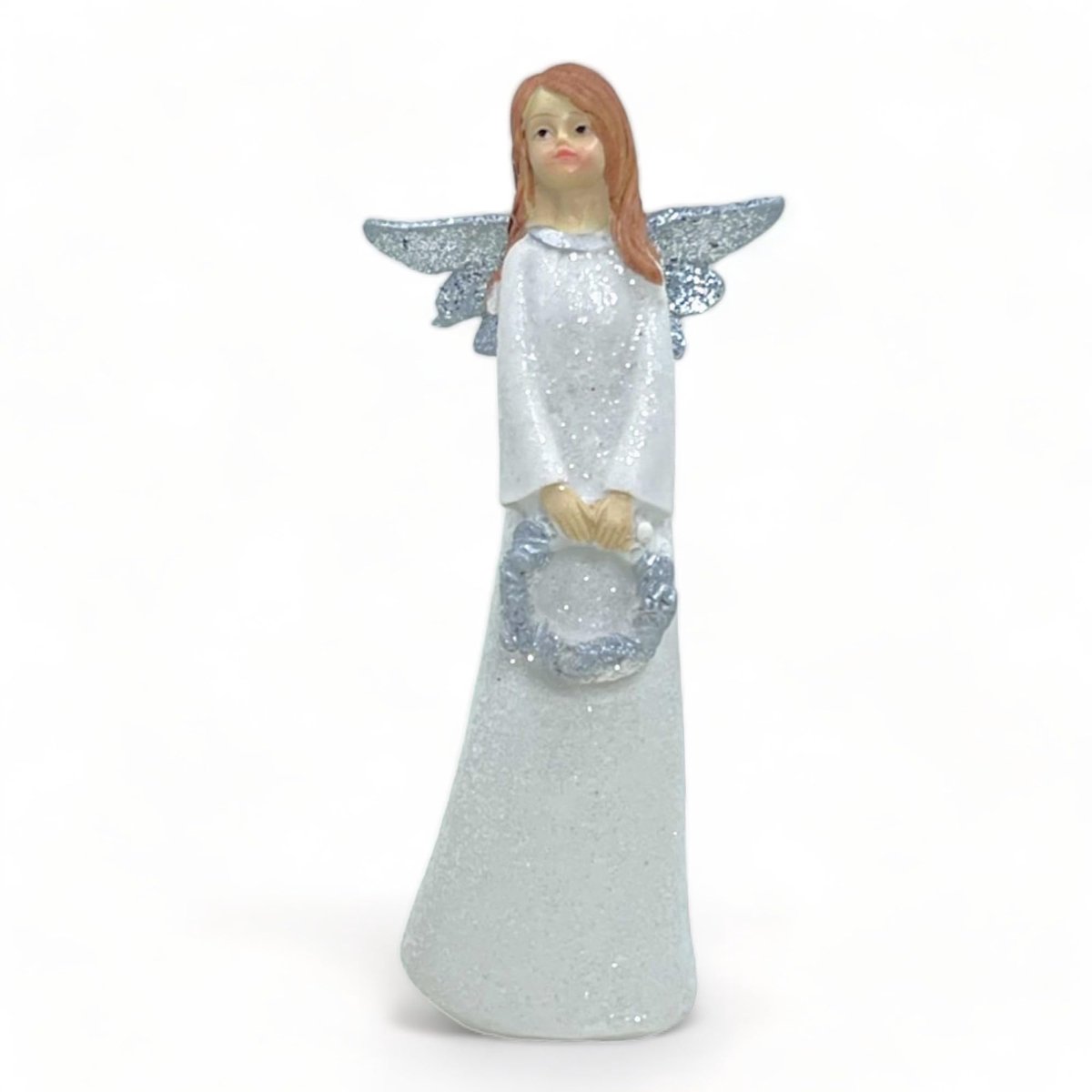 Dailygoods- Engel Decoratiefiguur 14 cm - Handbeschilderd - Kunststeen - Wit/Zilver - Duurzaam - Elegante Versiering