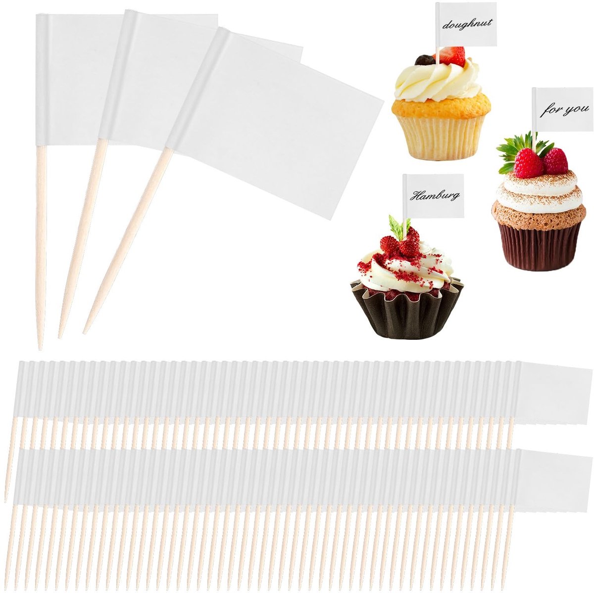 Dailygoods- Tandenstokers 100 stuks - Papieren Vlaggen - Doe-het-zelf Cocktailtandenstokers - Buffet Decoratie - Witte Taartopzetstukken - Eenvoudig te gebruiken - Vlaggetjes