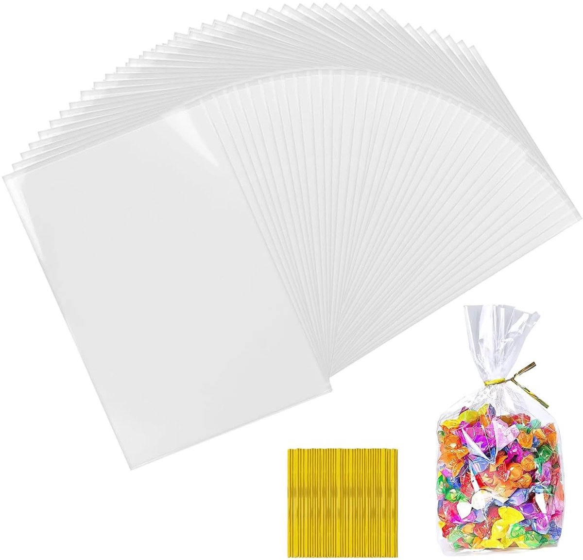 Dailygoods- Cellofaanzakjes 100 stuks - 20 x 30 cm - Transparant met bindbanden - Herbruikbaar - Voor snoep/koekjes - Geschikt voor cadeautjes - Snoepzakjes
