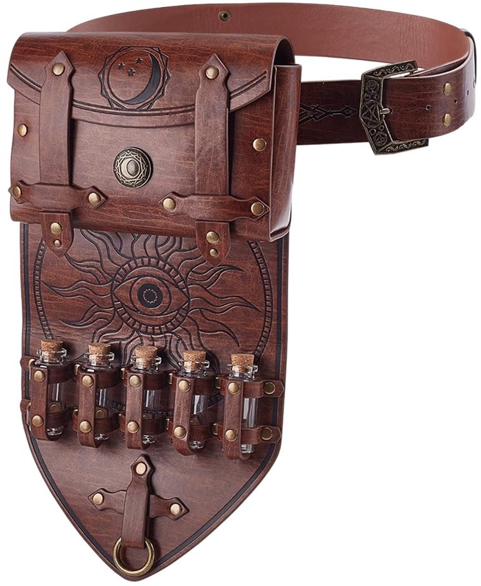 Dailygoods- Heuptas Middeleeuwse Alchemie - 5 Kurken Potieflesjes - Steampunk Zijtas - Kunstleer - Zadelbruin - Uniek Design - Heuptasjes