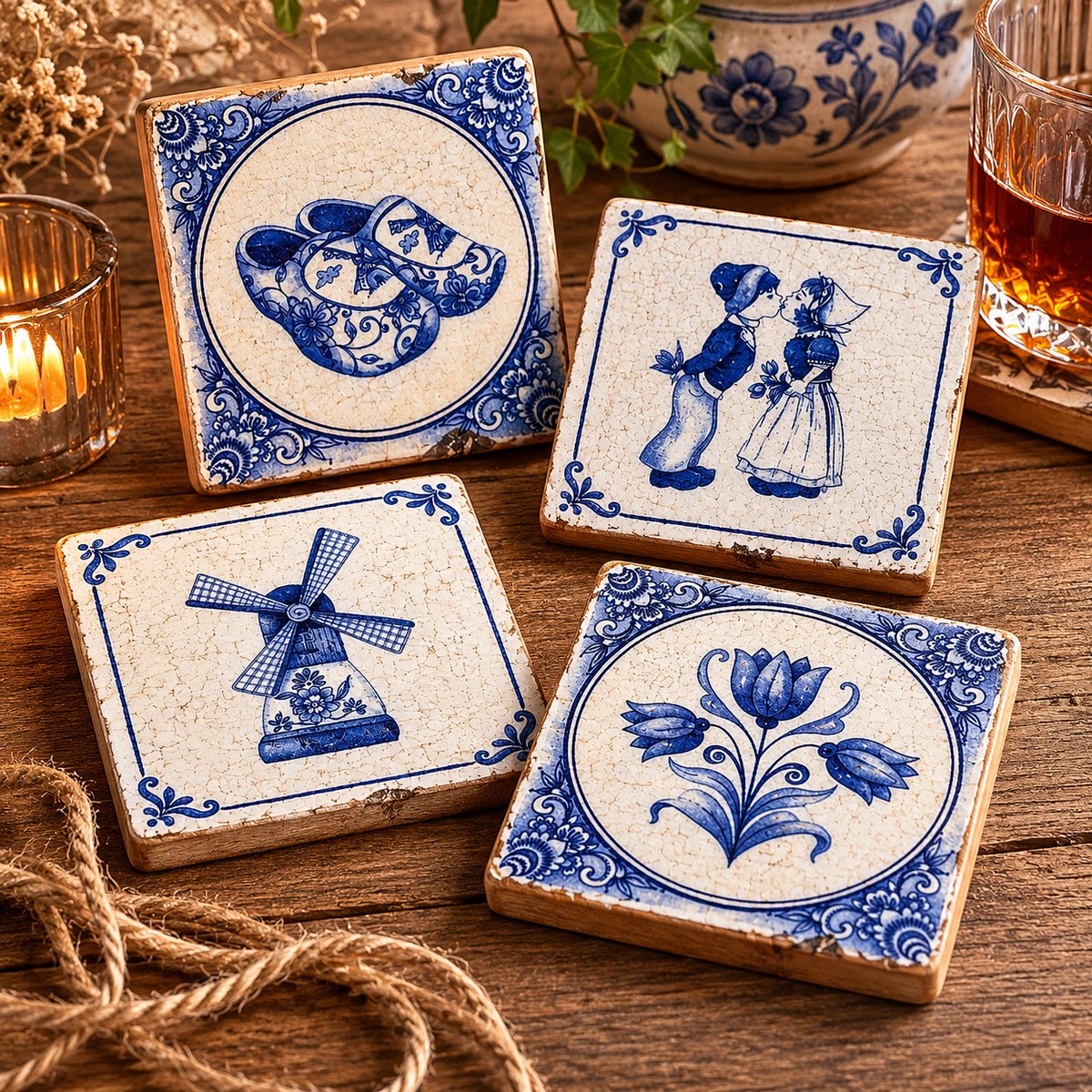 Onderzetters Old dutch - Set 4 stuks - Hout - Keramiek - Onderzetters voor glazen - Onderzetters glazen - Onderzetters kopjes - Onderzetters met Design - coasters - houten onderzetters - Cadeau voor vrouwen - Moederdag - Vaderdag - Verjaardagscadeau