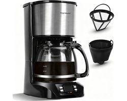 Aigostar Koffiezetapparaat - Filterkoffie - 1.5L Glazen Kan - 12 Koppen - Timerfunctie - LCD-display - BPA Vrij - Zwart/RVS