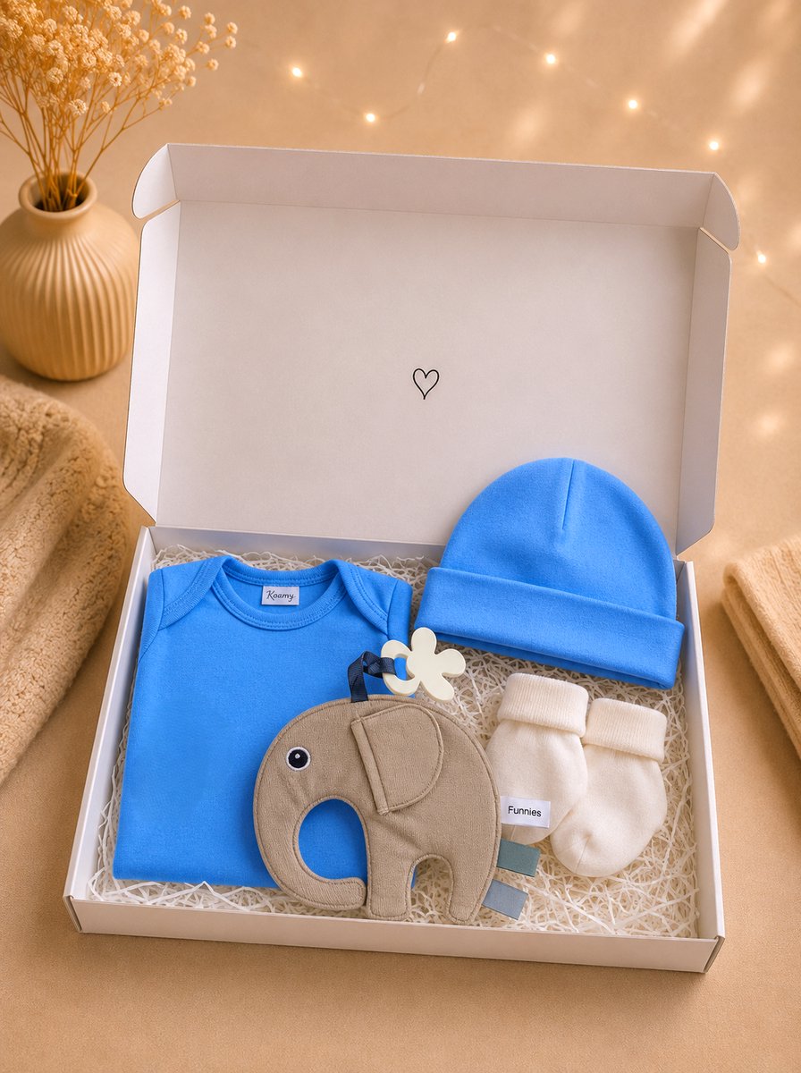 Kraamcadeau Jongen origineel – Luxe Baby Giftset in Brievenbusdoos – Rompertje, Babymutsje, Sokjes & Knuffel/Tutpop Olifant – Perfect Babyshower & Gender Reveal Cadeau