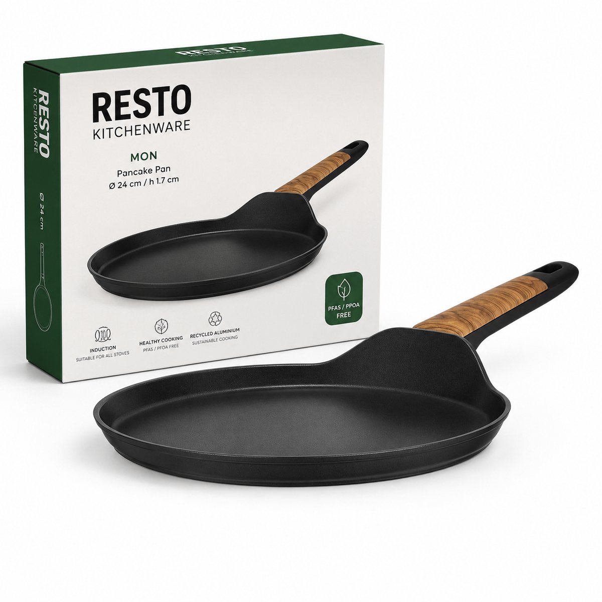 RESTO Mon Pannenkoekpan 24 cm – Inductie Geschikt – 4-Laagse Anti-aanbaklaag – PFAS/PFOA Vrij – Gerecycled Aluminium – Crêpepan