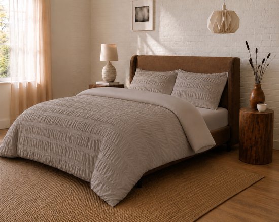 Seersucker Dekbedovertrek Taupe - 200 x 200/220 cm + 2 kussenslopen — afbeelding 2