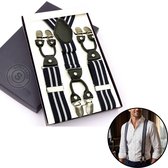Sorprese - Luxe Chique Bretels - Navy Stripe - Zwart Leer - 6 Stevige Clips - Bretels Heren Volwassenen - Inclusief Cadeaudoos