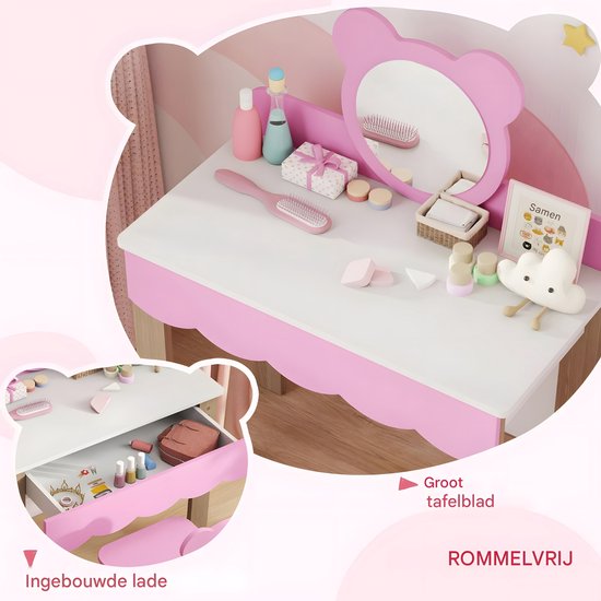 Roze kaptafel met berenspiegel, opengewerkte lade met make-up en een krukje.