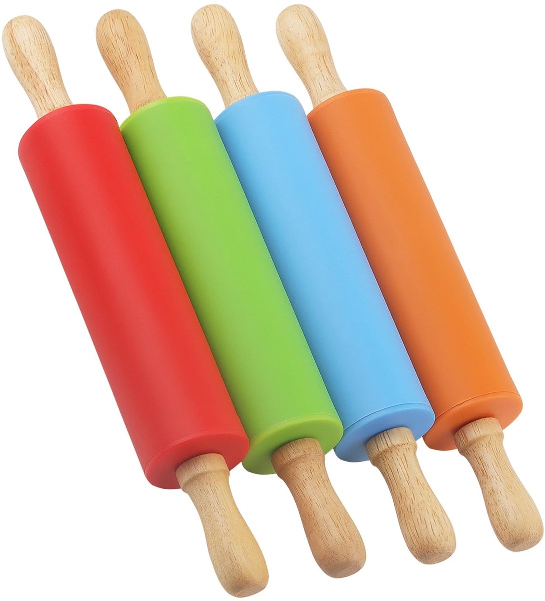 Dailygoods- Deegroller Antiaanbak - Set van 4 - Siliconen Deegroller - Houten Handvat - 29 cm - Kleurrijk Design - Bakgereedschap
