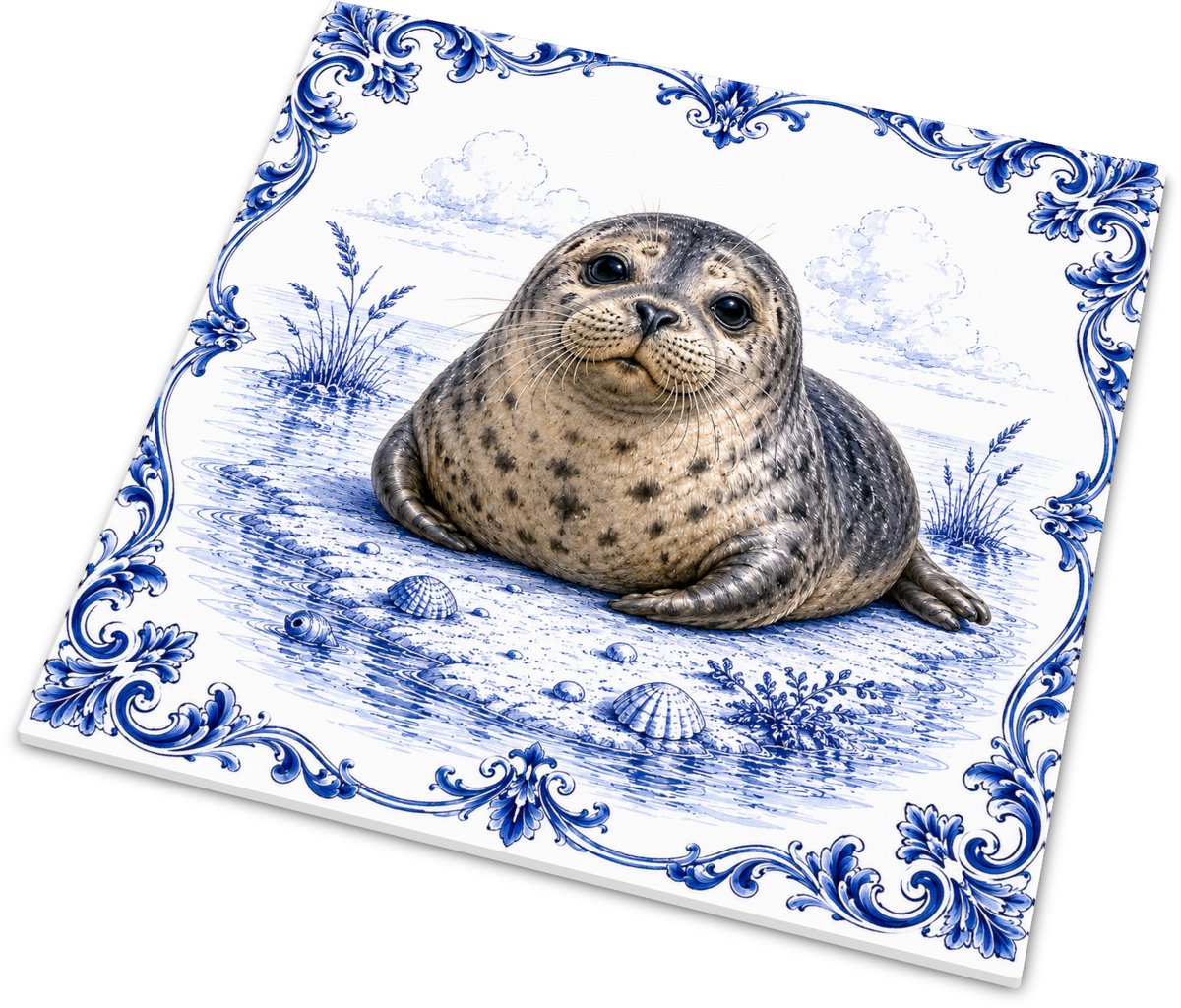 Glanzend tegeltje met Gewone zeehond (Phoca vitulina) - Handgeschilderde Aquarel & Gouache
