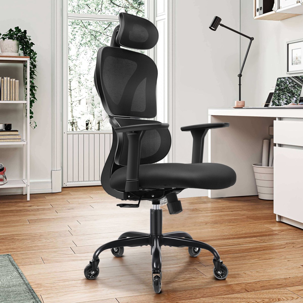 FelixKing Ergonomische Bureaustoel, Rubberen Wielen voor Houten Vloeren, Draaibare Bureaustoel voor Thuis, 3D Verstelbare Armleuningen en Hoofdsteun, Kantelbaar, Zithoogte Verstelbare, Hoge Rugleuning Computerstoel met Lendensteun, Thuis Gamingstoel