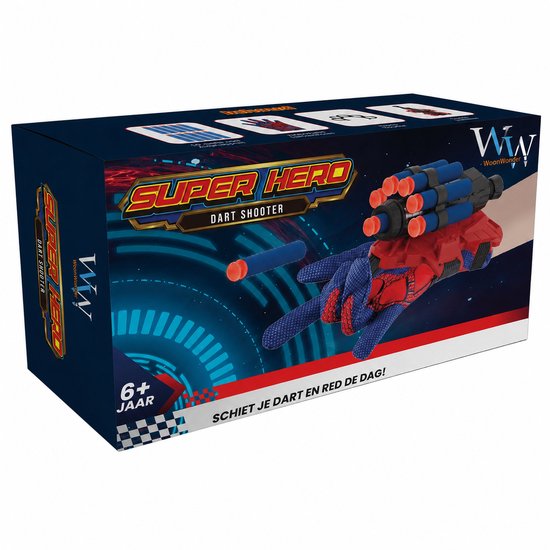 Verpakking met Super Hero Dart Shooter: rode handschoen met blauwe spinnenwebben, dubbele pijltjeslader, '6+ Jaar' en 'Schiet je dart en red de dag!'