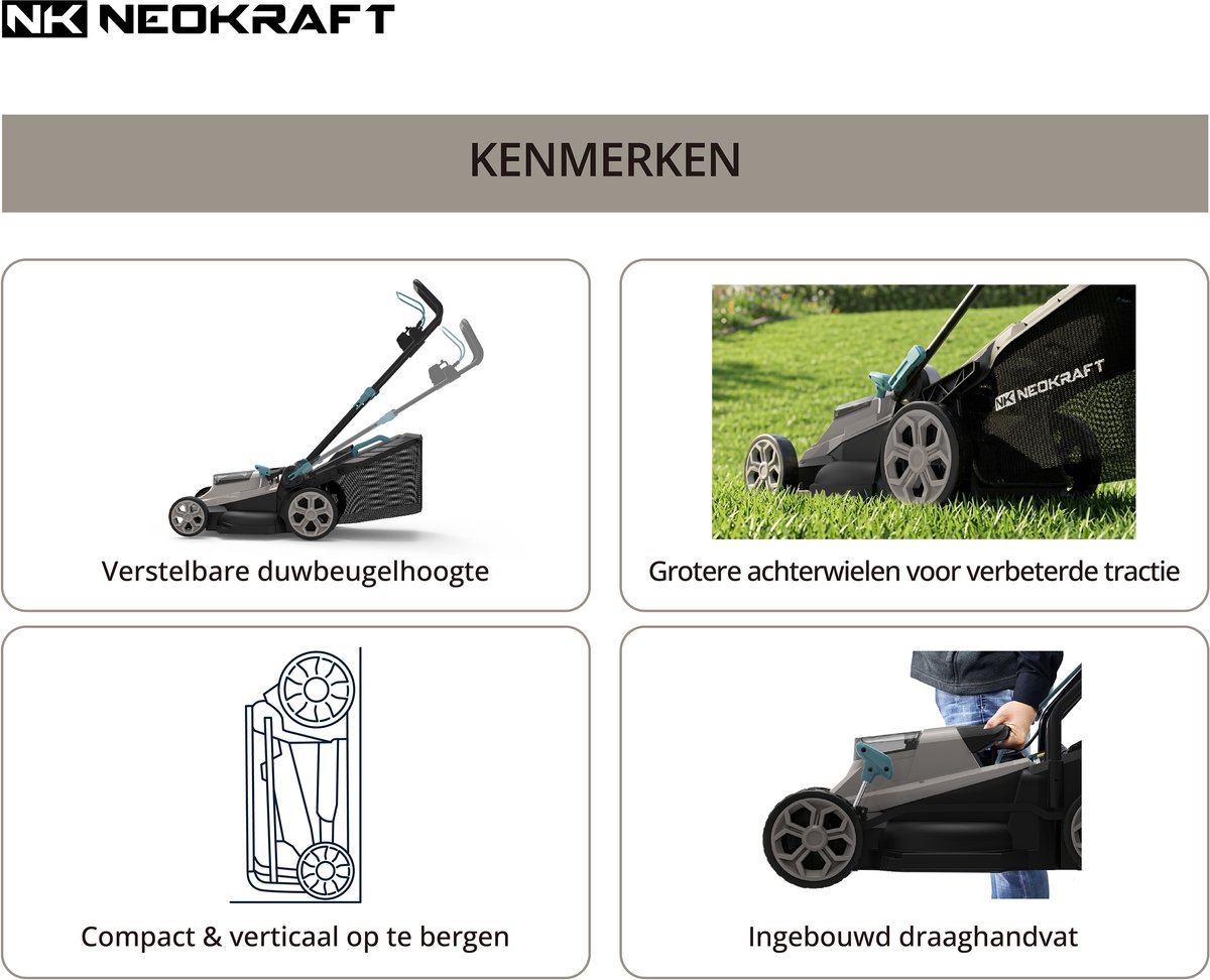 Neokraft - 40V Accu grasmaaier - 42cm maaibreedte - 6 instelbare maaihoogtes - Incl 50L opvangzak - Incl. 40V 4,0Ah accu & lader - Grasmachine – foto 3