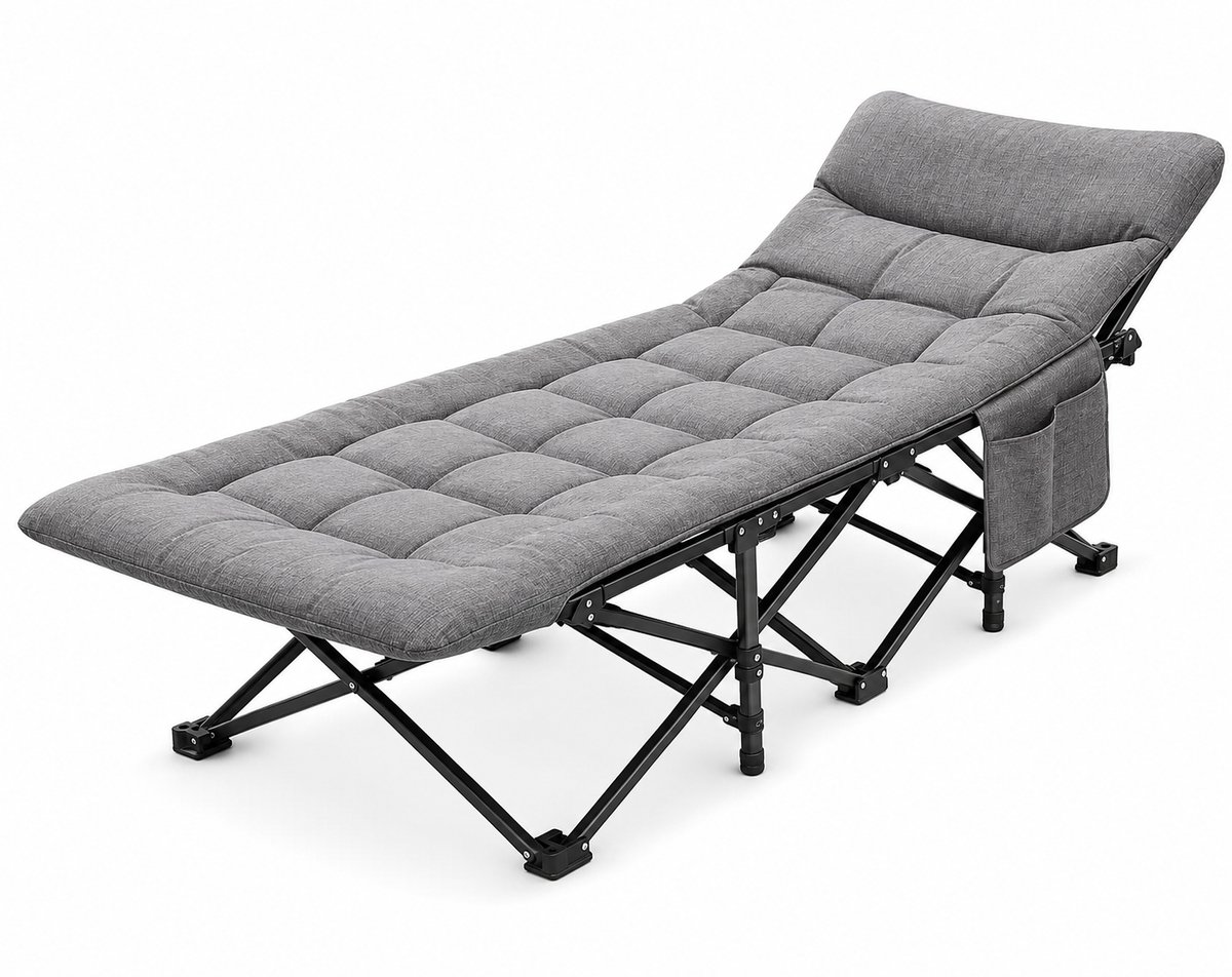 Campingbed Opvouwbaar - Veldbed voor Kamperen - Stalen Frame - Zwaar Belastbaar - Inclusief Zijvak - Verhoogd Slaapbed - Grijs - Voor Camping, Outdoor, Logeren en Vissen - Compact Opvouwbaar Ontwerp met Draagfunctie
