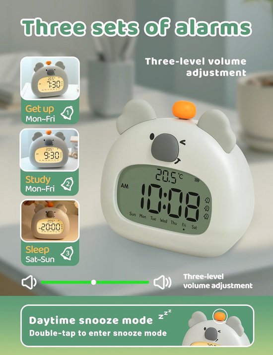 Kinderwekker Nachtlampje - Koala Wekker - Kinderen Leren Slapen - Oplaadbare Batterij - 315 Inch - Wit — afbeelding 3