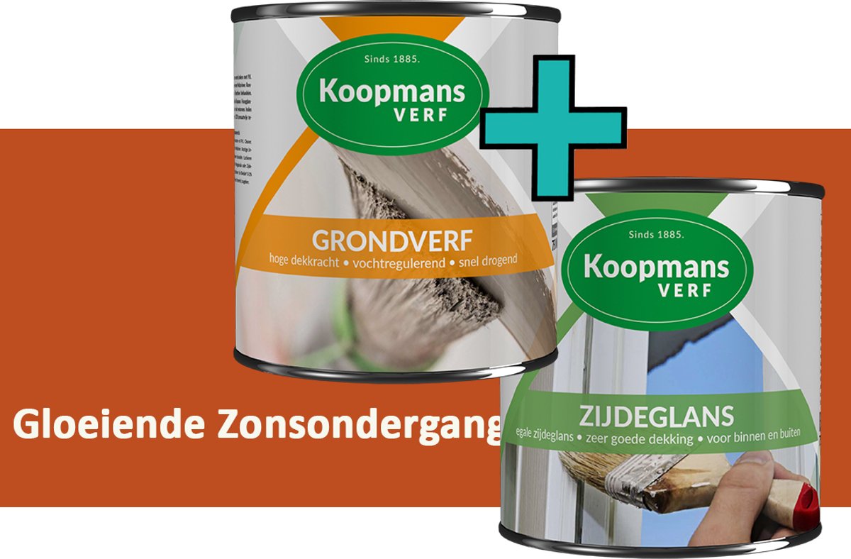 Koopmans Grondverf en Zijdeglans Lakverf - set geschikt voor hout en metaal – Gloeiende Zonsondergang – 2x – 1,5 l