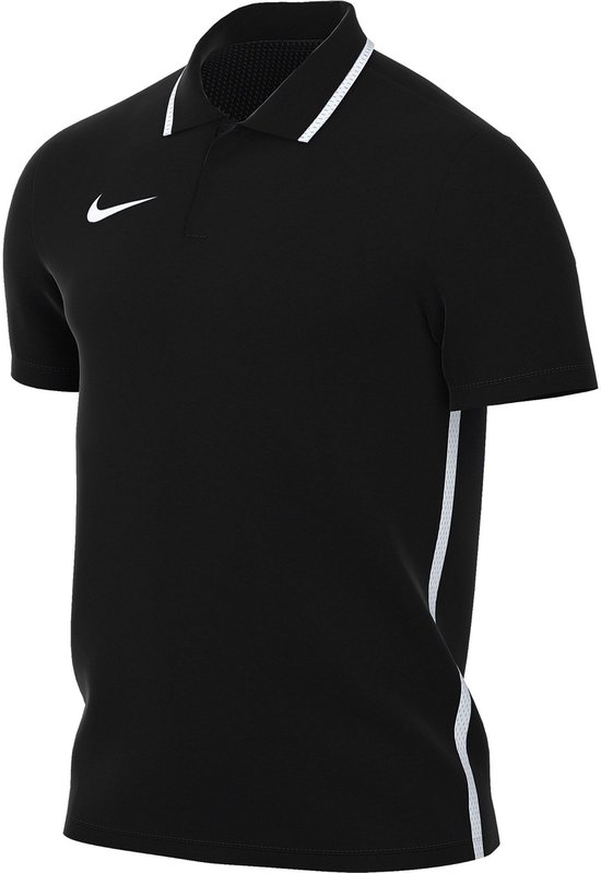 Zwarte Nike polo met witte bies aan de zijkant, Nike logo op de borst en kraag.