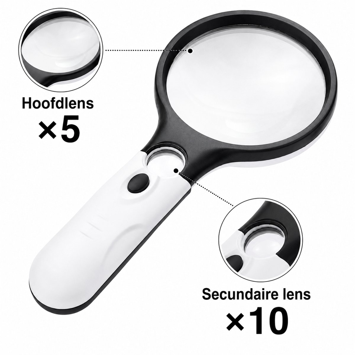 Vergrootglas met Verlichting - Loeplamp met 3 Led Verlichting - Dubbele Leesloep 5X & 10x Vergrotend - Leesloep voor Volwassenen en Ouderen - Draagbare handloep (Batterijen niet inbegrepen)
