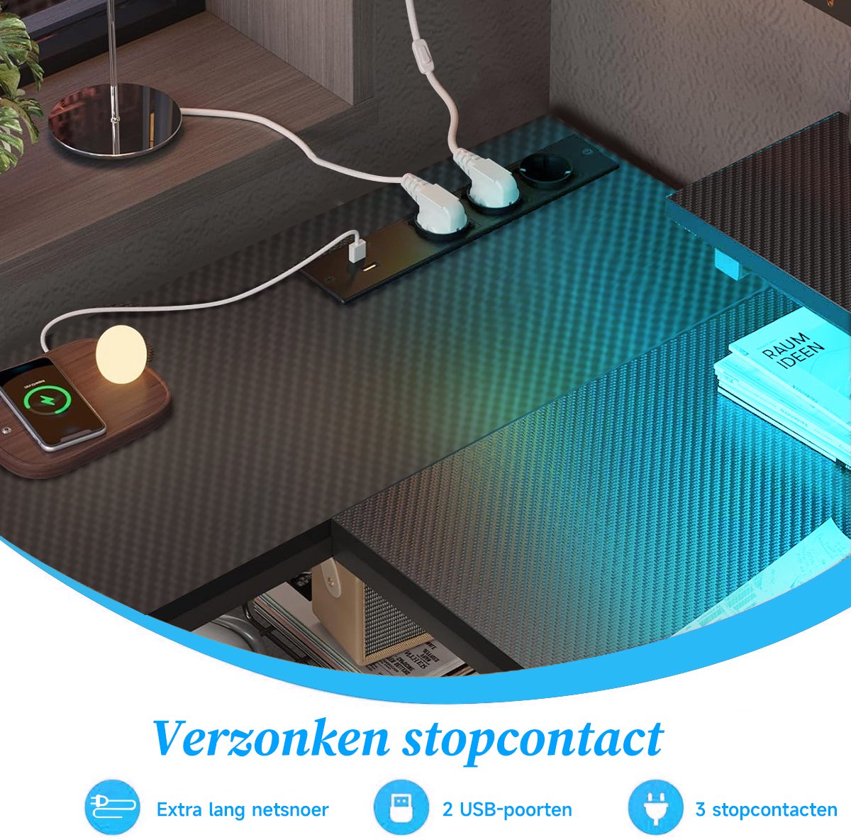 Gaming Bureau met LED Verlichting - 120x120x75cm - L-Vormig Game Bureau met Stopcontact - 2 Non Woven Lade - Gaming Desk - Computer Tafel - Gaming Tafel - Bureau voor Gamen, Studeren en Werken - Zwart thumbnail 6