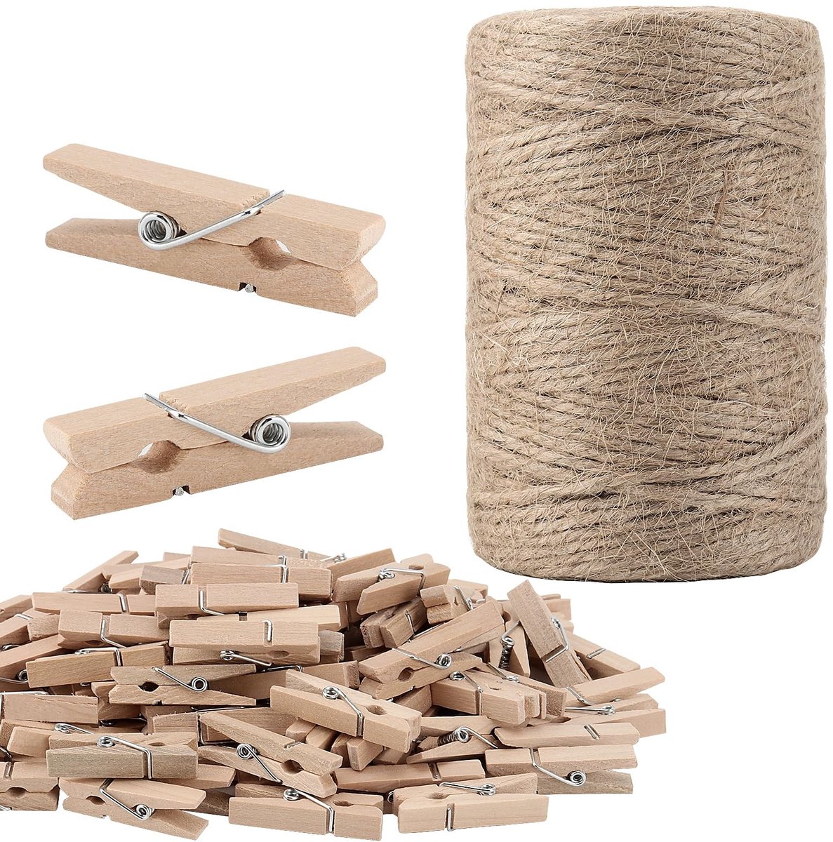 Dailygoods- Tuinkoord 100 m - Jute Knutselkoord 3 mm - Verpakkingskoord - Doe-het-zelf Kunsthandwerk - Decoratie - Inclusief 200 Clips - Inpakkoord