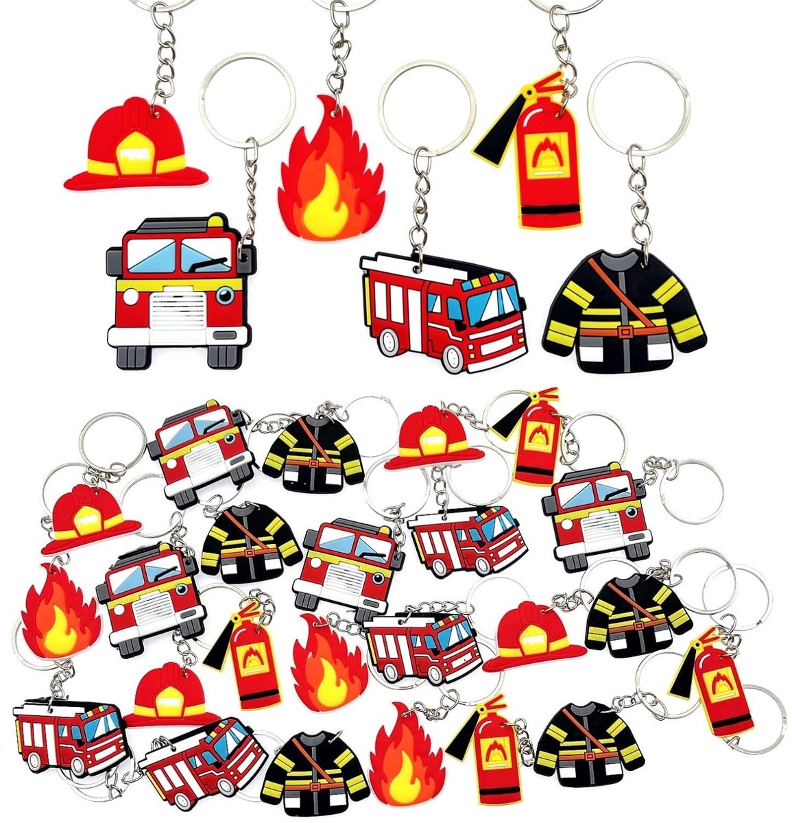 Dailygoods- Sleutelhanger 30 stuks - Brandweerman Thema - Brandweerwagen/Brandblusser/Brandweerhelm - Zacht Rubber - Cadeau Ideeën - Ongeveer 4,5 cm x 3,5 cm - Feestartikelen