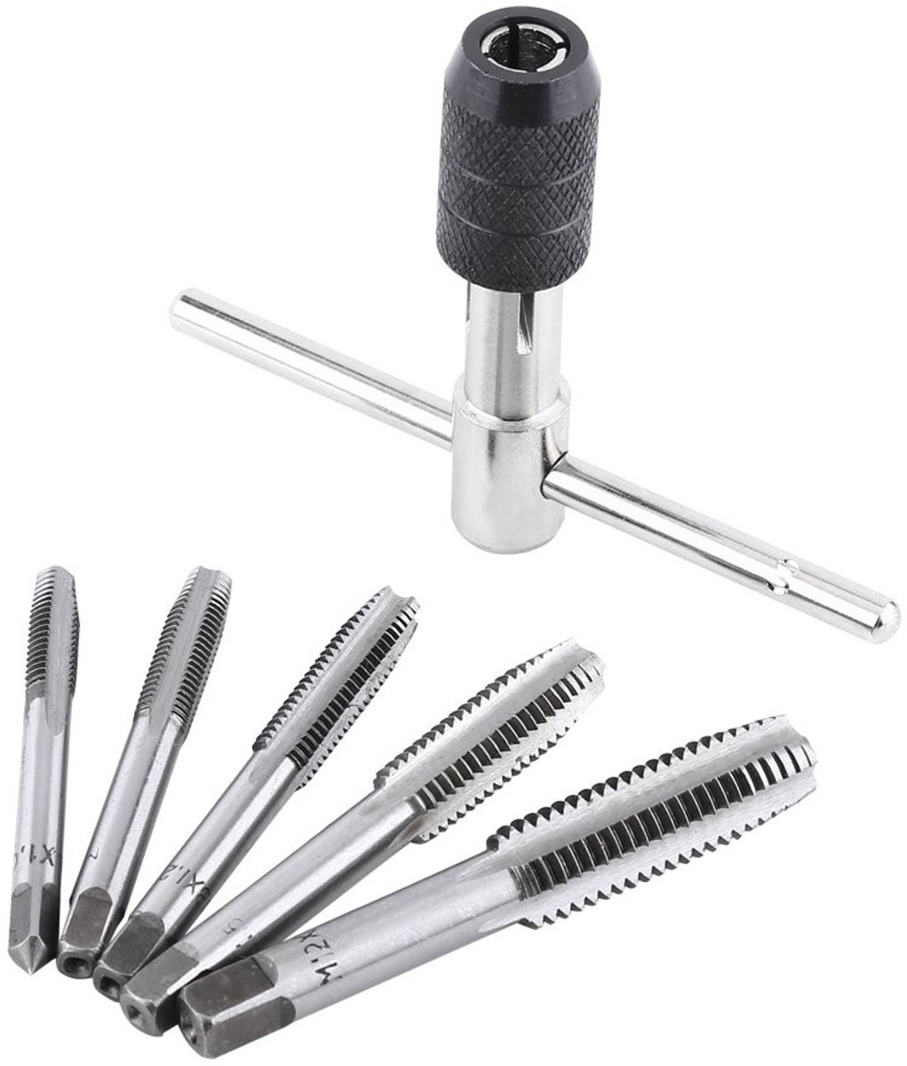 Dailygoods- Schroeftap 6-delig - Verstelbare T-vormige Sleutel - Draadfreeskranen - Handgereedschap - Geschikt voor kunststof/aaluminium - Ideaal voor draadverwerking - Taps
