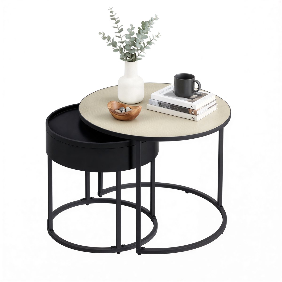 Vasagle Salontafel - Bijzettafel - 2-delig Set - Ronde - Modern - Voor Woonkamer Slaapkamer Balkon Beige-Zwart