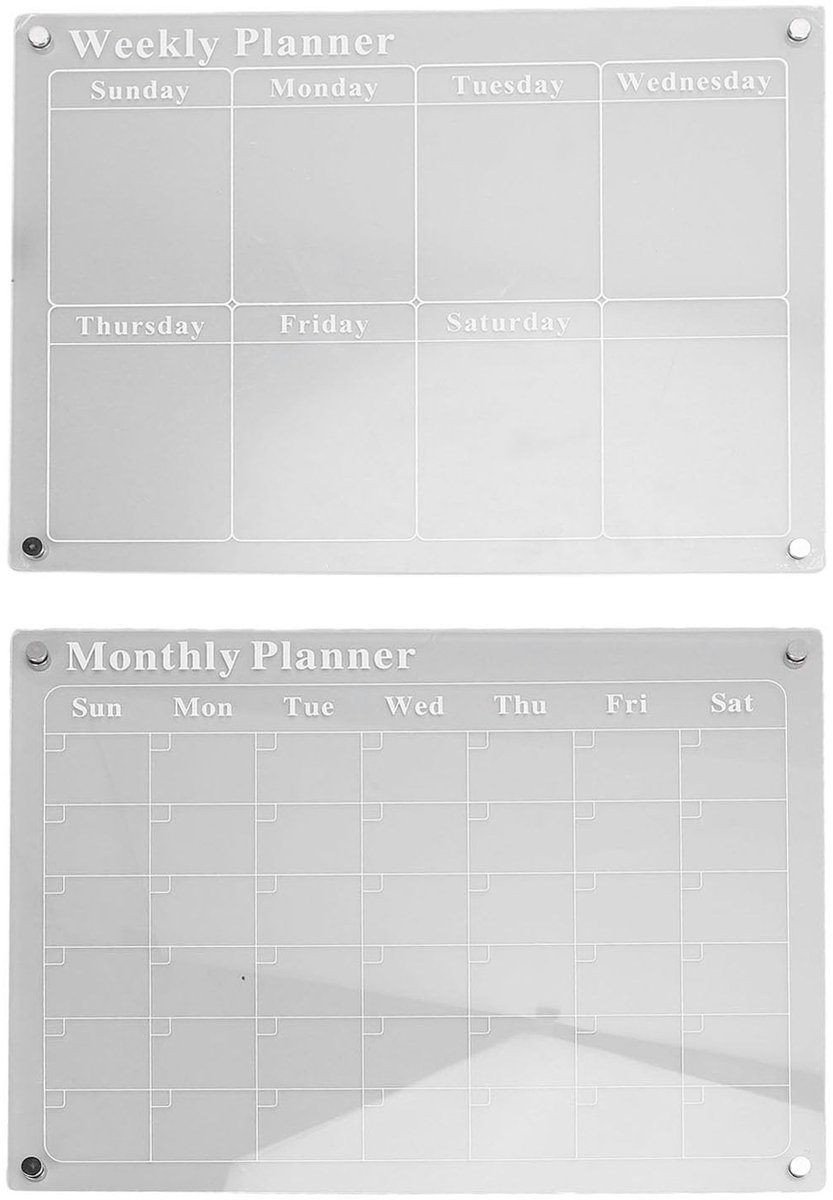 Dailygoods- Planningsbord - Maandelijkse/Wekelijkse Kalender - Droog Uitwisbaar - Transparant Acryl - Sterke Magneten - Inclusief 6 Markers