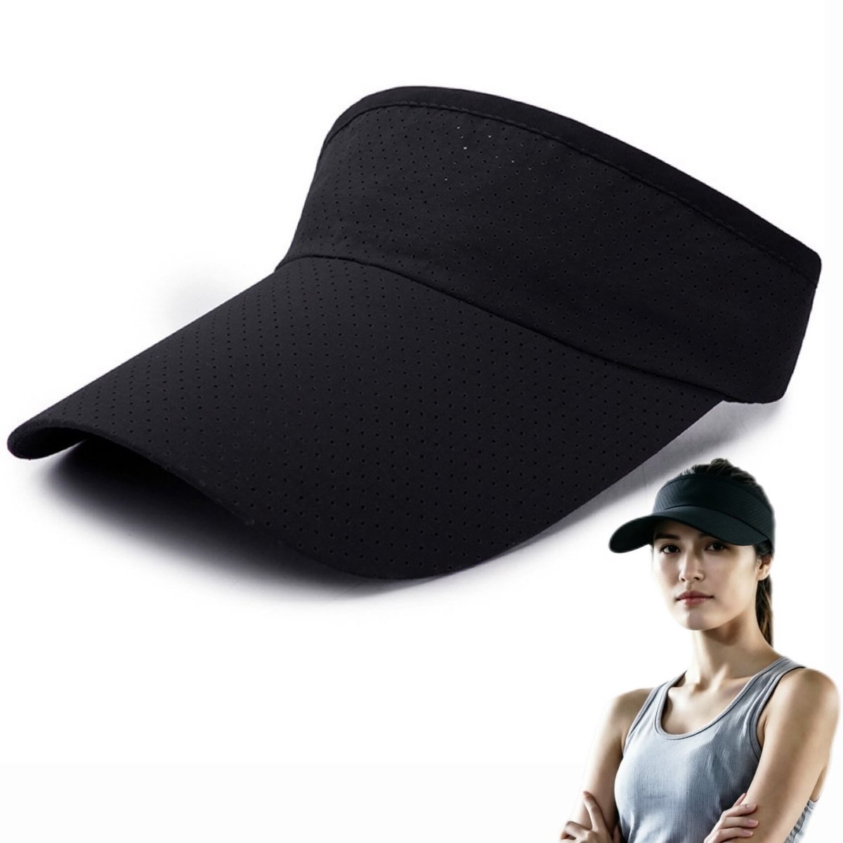 Ademende UV-beschermende Zonneklep voor Dames en Heren - Geperforeerde Luchtige Lege Zonnehoed met Brede Rand - Zweetabsorberende Sportzonhoed voor Golf, Tennis, Hardlopen, Wandelen en Stranduitjes in de Zomer - zwarte