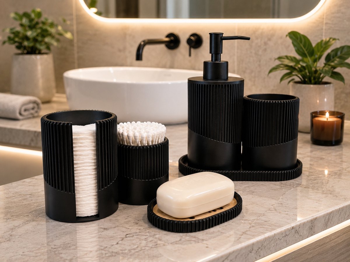 Skushy Japandi Badkameraccessoires Set - Mat Zwart - Minimalistisch Design - 6 delig