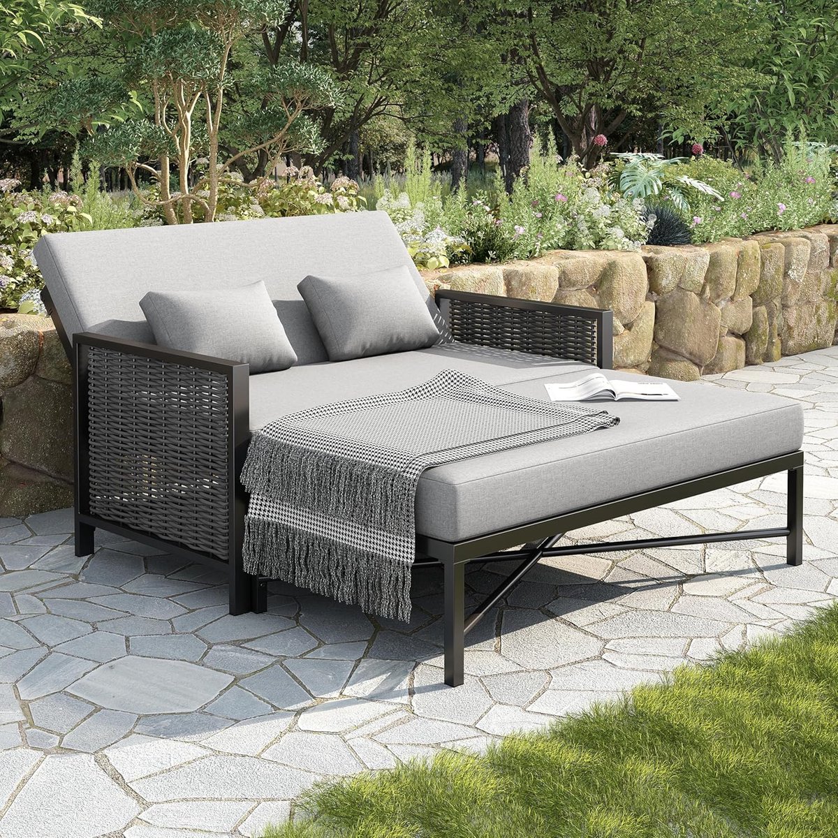 Tuinbank met Ligfunctie 179,3x131,5x91 cm Verstelbare Rugleuning 5-Standen - Tweepersoons Ligbed met Intrekbare Voetensteun voor Tuin, Balkon en Terras Grijs - Mobili Bella