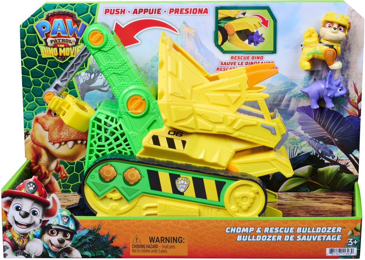 PAW Patrol - De Dino Film - Chomp & Rescue Bulldozer met Rubble-figuur en dinosaurusfiguur, voertuig met happende actie en reddingsklauw - 23 cm — cadeau in Spellen & Speelgoed - foto 5