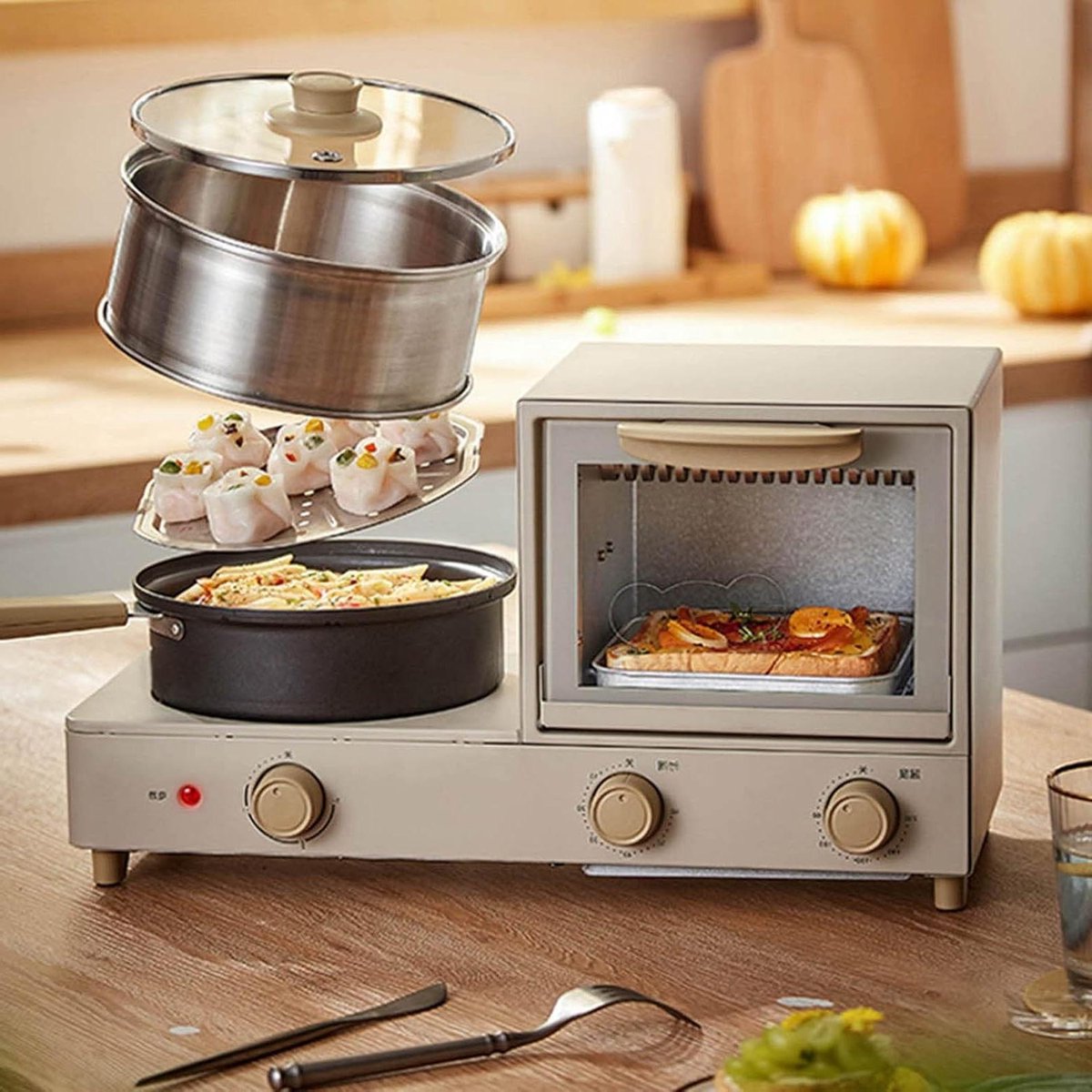 Ontbijtmachine 3-in-1 - Keukenapparaat Broodrooster - Snel Ontbijten - Compact Ontwerp - 5 Liter - Zilver