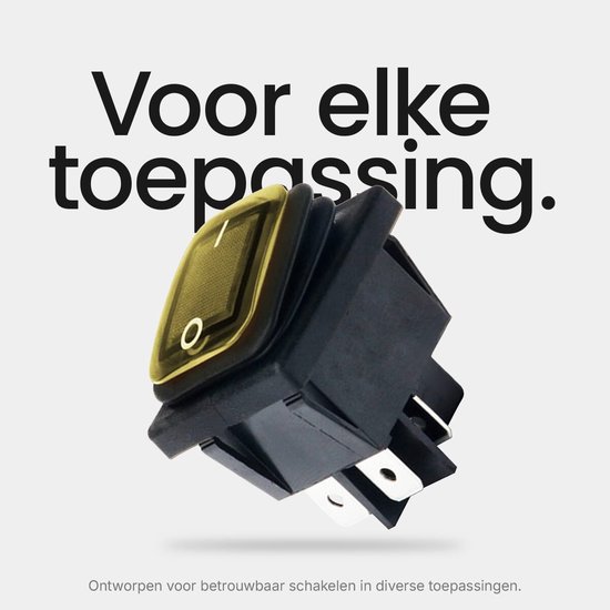 Zwarte wipschakelaar met gele knop en tekst: Voor elke toepassing. Ontworpen voor betrouwbaar schakelen.