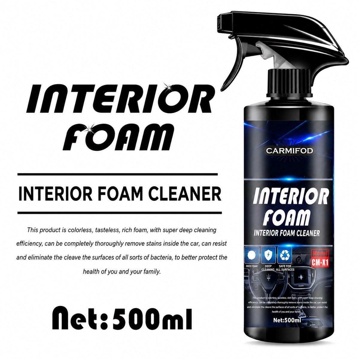 TLVX Automotive Interieur Reiniger 500ML Spray Fles / Vlekken Bekleding Reinigen Stof / Leer / Suede / Interior Foam Cleaner / Boot Stoelen / Auto dashboard Schuimreiniger / Vlekken Verwijderen Bankstel / Panelen schoonmaken / Effectief!
