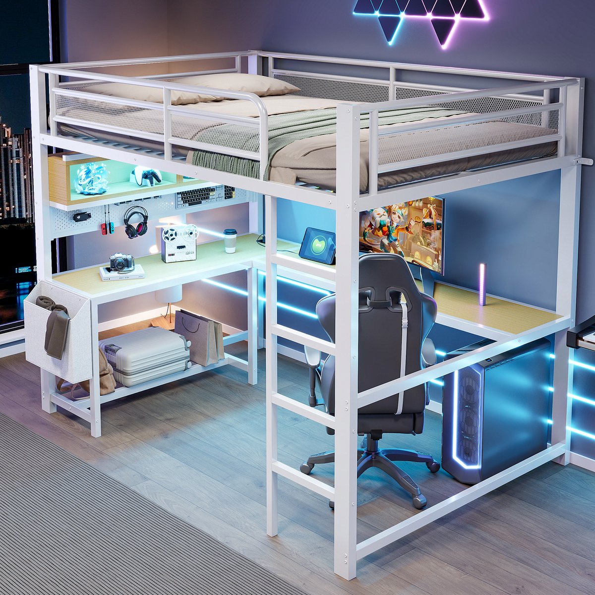 HAUSS SPOLE Hoogslaper 140x200cm - Zonder Matras Met Bureau En Ledverlichting - Met Opbergruimte En Usb - Metaal En MDF - Wit