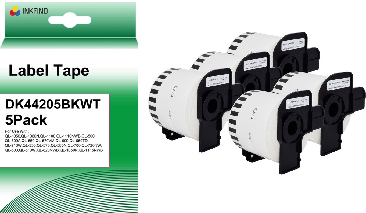 INKFIND DK-44205 Tape 5 Pack 62mm - paper - white - removable (30.48m) Geschikt voor Brother Labelwriter