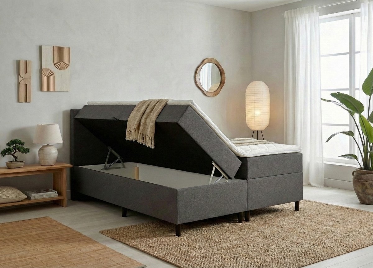 Opberg Boxspring Eefje - Antraciet - 140 x 200 cm | Inclusief gratis topper en antislip