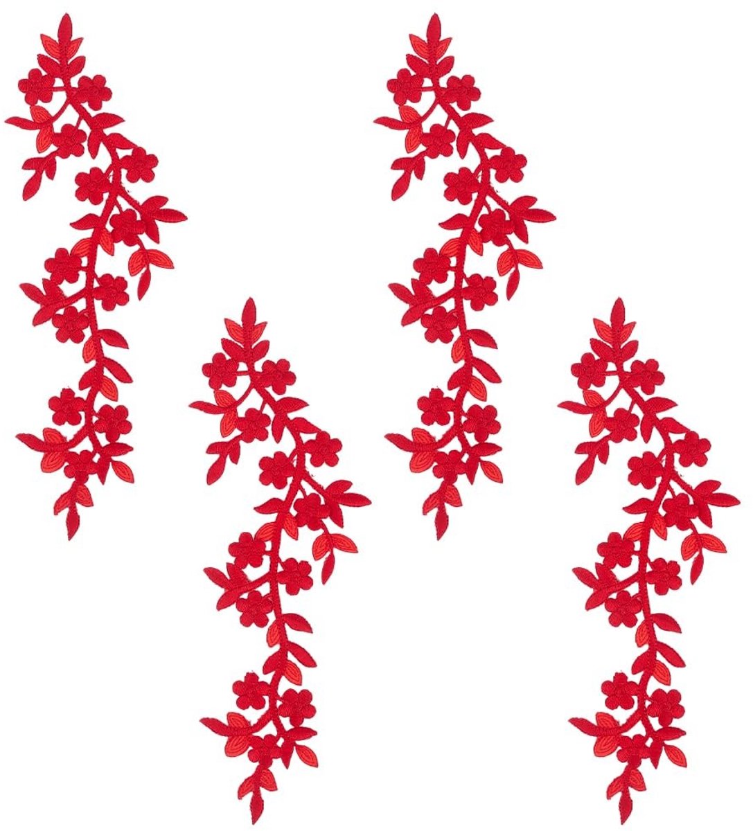 Dailygoods- Bloemenpatch - 4 Stuks Rode Borduurwerk - Decoratieve Applicatie - Opstrijkbare Patch - 25 x 9 cm - Voor Trouwjurk/Stof - Borduurpatch