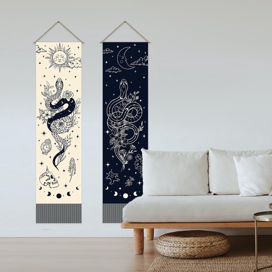 Dailygoods- Wandtapijt Set van 2 - Bohemien Slangenprint - Mystiek Wandkleed - Kwastje - 30 x 130 cm - Verticaal Design - Muurtapijt van Dailygoods — afbeelding 5