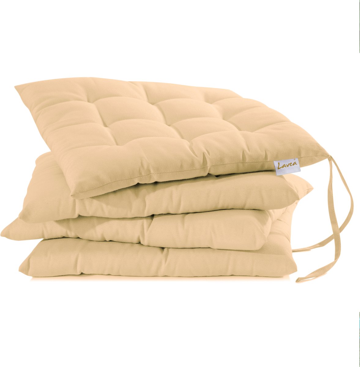 Lavea® Stoelkussens 40x40 cm – Set van 4 met Bevestigingslinten – Comfortabel en Wasbaar voor Binnen en Buiten – voor Tuin, Balkon, Terras en Keuken – Zandkleur
