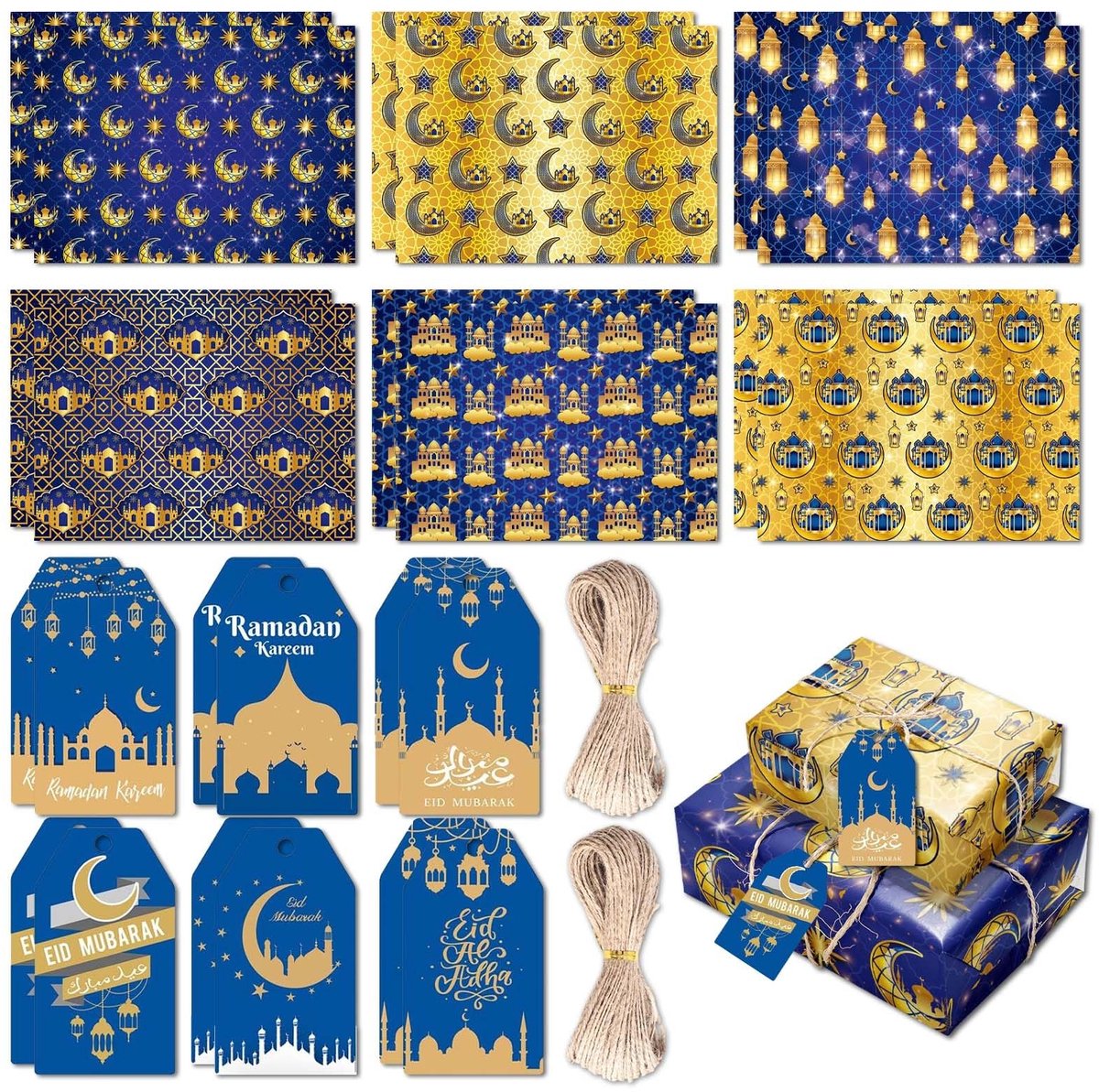 Dailygoods- Cadeaupapier Set - 12 Vellen Premium Kwaliteit - Eid Mubarak Thema's - Decoratieve Hanglabels - Jute Koord - Duurzaam Kunstdruk Papier - Verpakkingspapier