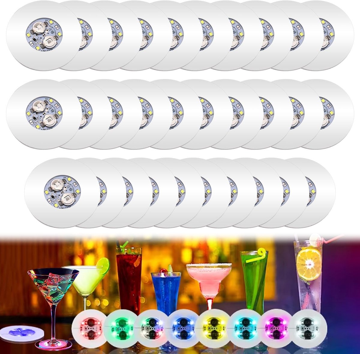Dailygoods- Onderzetters LED - 30 Stuks - Lichtgevende Onderzetters - Zelfklevende Stickers - Sfeerverlichting - 7 Kleurmodi - 6 cm Ronde Onderzetters