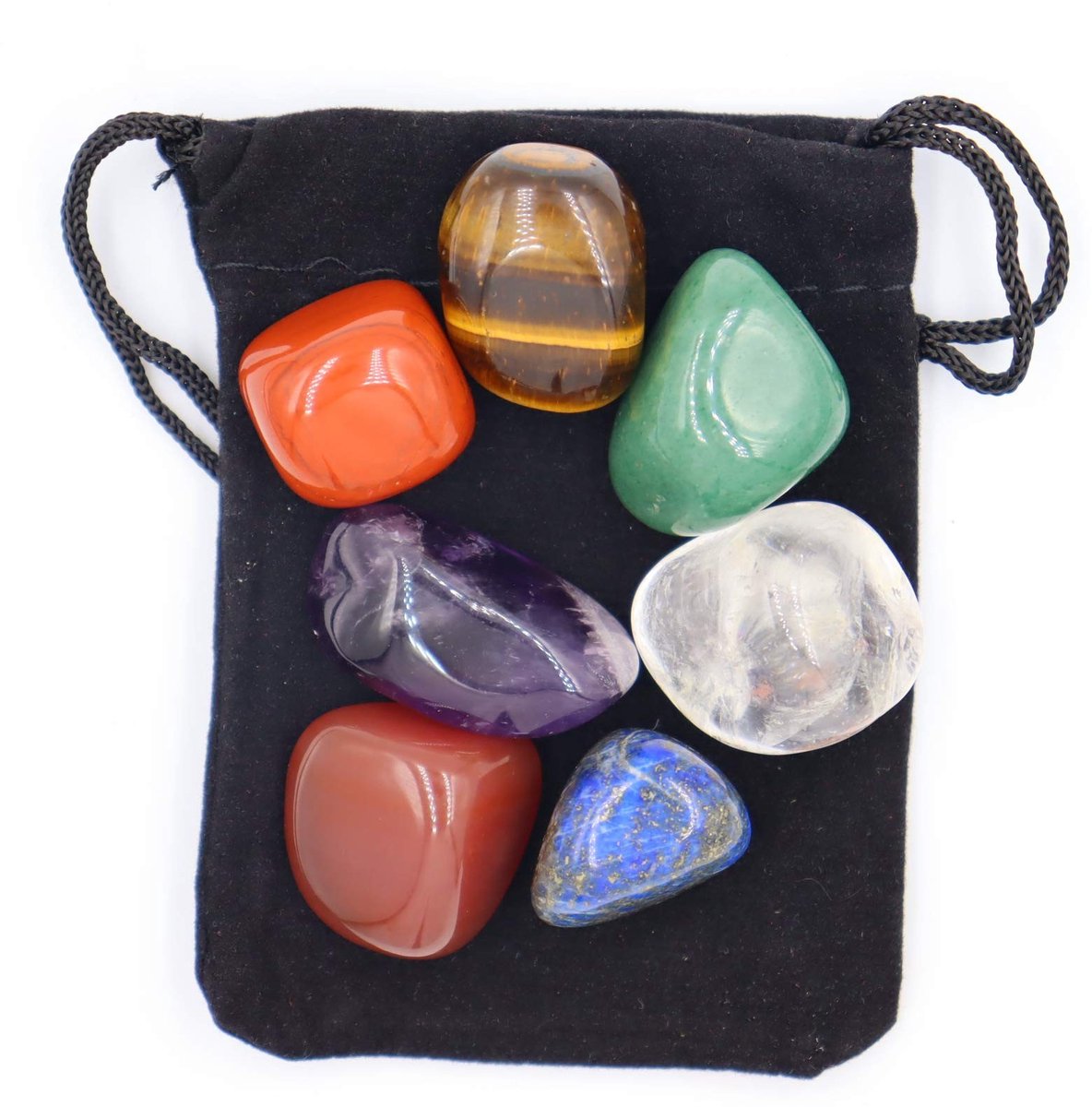 Dailygoods- Chakra Stenen Set van 7 - Edelstenen voor Aarding - Amethist - Tijgeroog - Groene Agaat - Kalmerende Meditatie - Inclusief Fluwelen Zakje - Kristallen