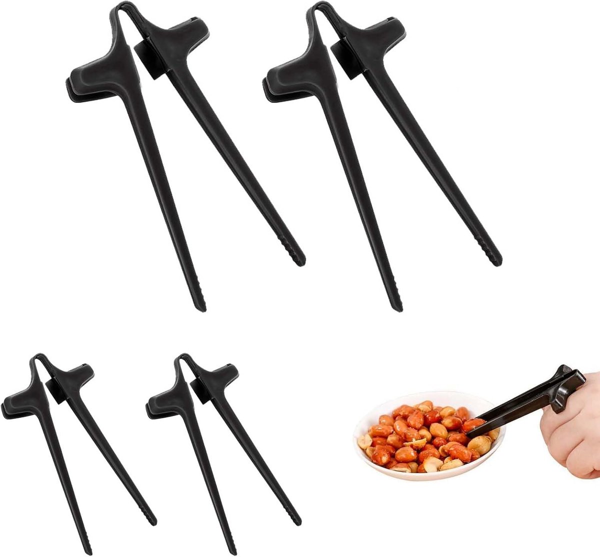 Set van 4 plastic vingerstokjes/snackclips, geschikt voor werk, studie, spelletjes en ontspanning, en houden de handen schoon (zwart).