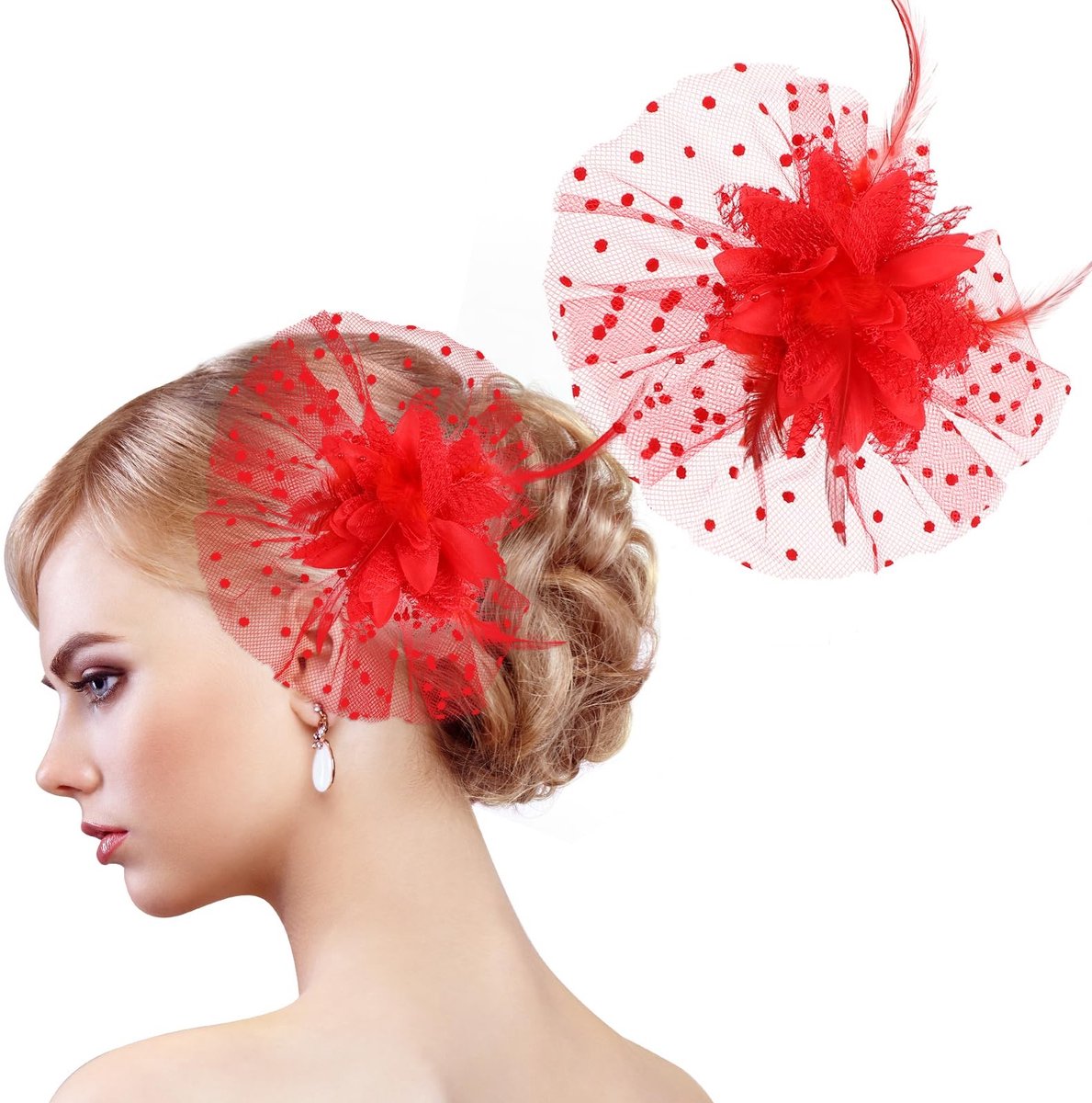 Dailygoods- Haarclip Bloem - Vintage Fascinator - Haaraccessoire met Veren - Hoofddeksel Jaren 20 - Rood - 19 cm