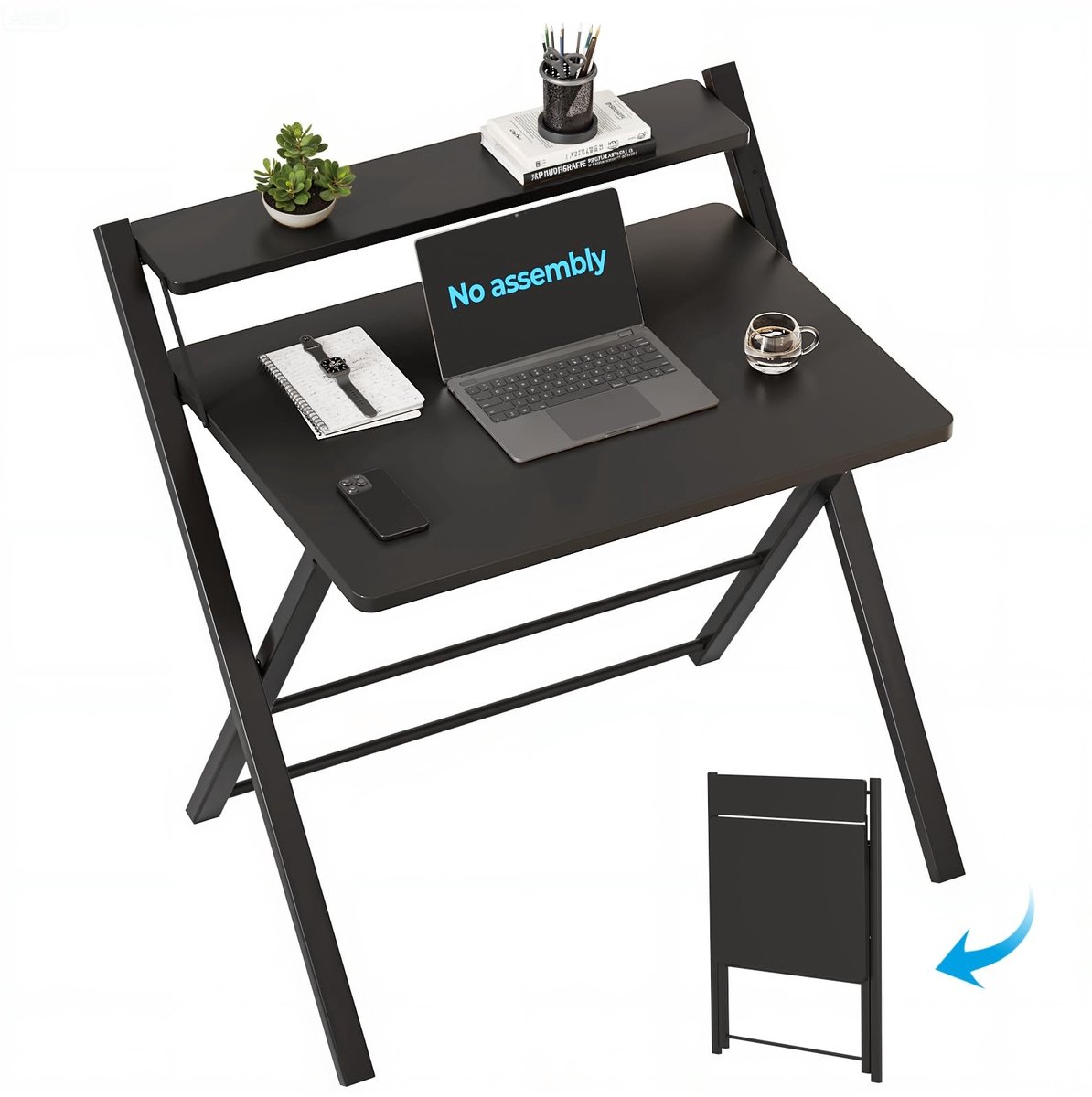 Dailygoods- Opvouwbare Tafel 70 cm - Gaming Tafel - Laptop Tafel - Schrijftafel - 2-laags Opbergplanken - Ruimtebesparend - Bureau