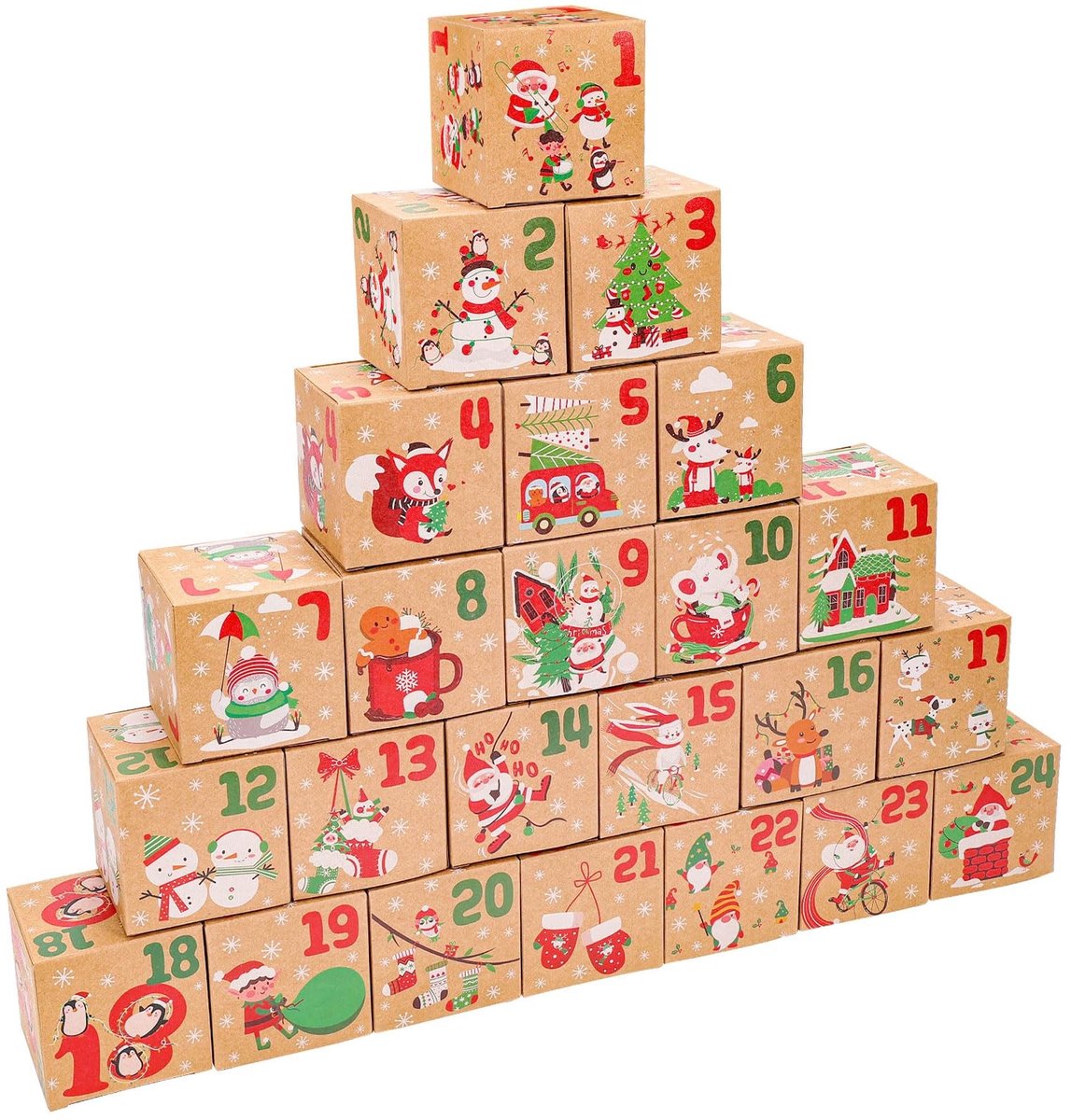 Dailygoods- Adventskalenderdoos 24 Stuks - Genummerde Dozen - Kraftpapier - Aftellende Geschenkdozen - Klassiek Kerstontwerp - Snoepdozen voor Kinderen - Kerstdozen