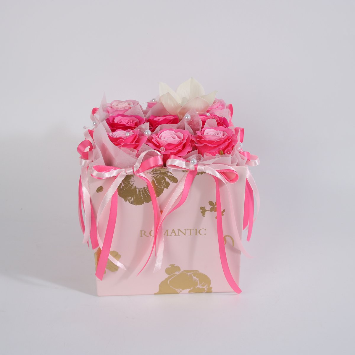 La Roselle Amsterdam Bloemenbox met 9 Kunstrozen en Orchidee – Roze Rozenbox Cadeau - Winter bloemen - Feestdagen cadeau Roze / Fuchsia / Wit